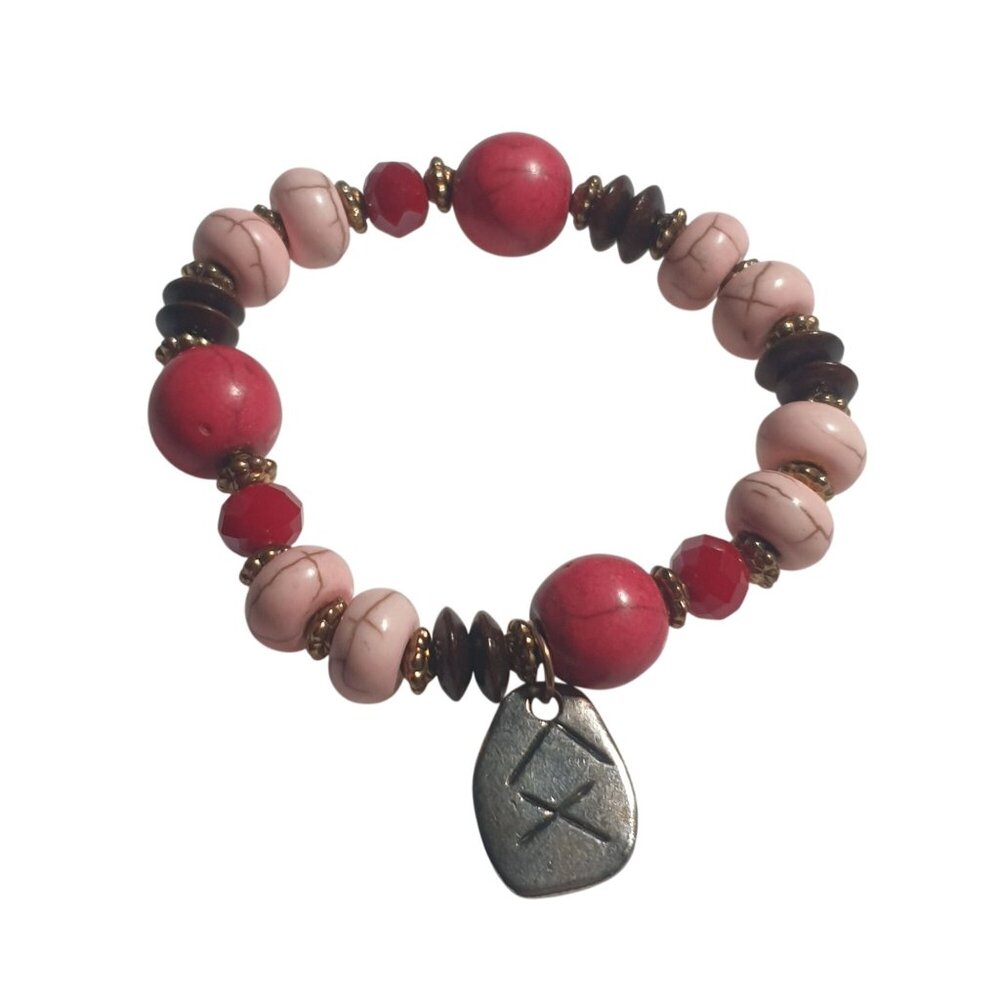 Red Pink Beaded Stretch Bracelet Charm Pendant Runic Design Resin Metal Accents